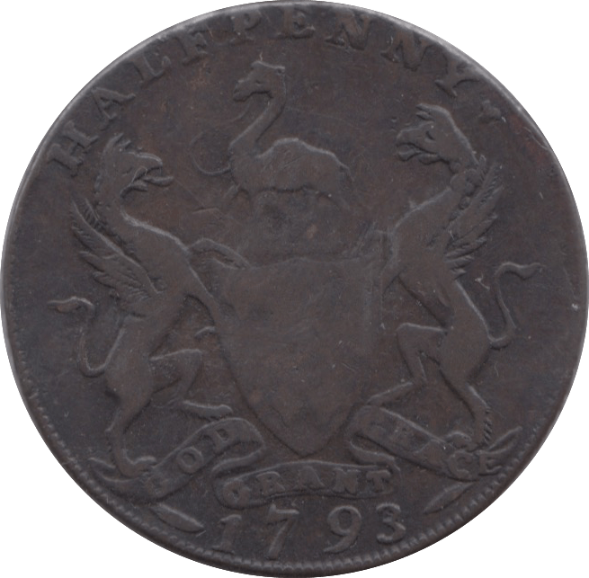 1793 HALFPENNY TOKEN YORKSHIRE EAST INDIA HOUSE GROCERS ARMS DH16 ( REF 174 )