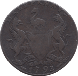 1793 HALFPENNY TOKEN YORKSHIRE EAST INDIA HOUSE GROCERS ARMS DH16 ( REF 174 )