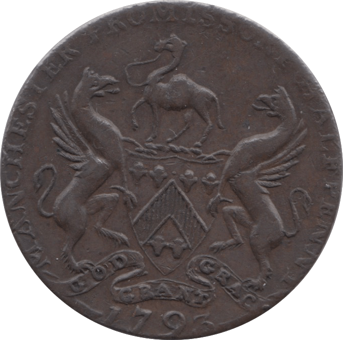 1793 HALFPENNY TOKEN LANCASHIRE MANCHESTER ARMS PLAIN DH134 ( REF 83 )