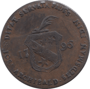 1796 HALFPENNY TOKEN LOTHIAN ARMS AND ARCHIBALD SEEDS MAN SELLS FLOWERS DH10 ( REF 243 )