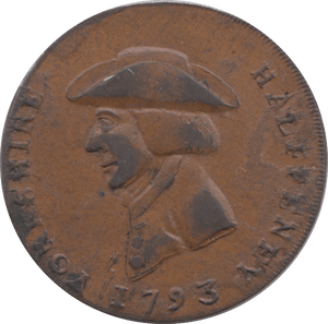 1793 HALFPENNY TOKEN YORKSHIRE BUST WITH HAT SHEFFIELD SHIELD OF ARMS DH56B ( REF 176 )