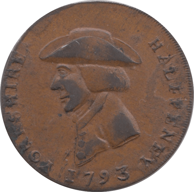 1793 HALFPENNY TOKEN YORKSHIRE BUST WITH HAT SHEFFIELD SHIELD OF ARMS DH56B ( REF 176 )