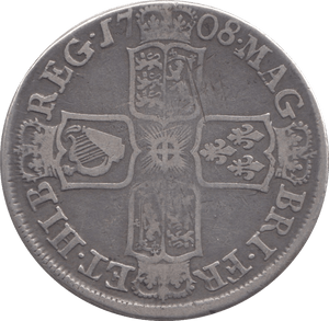 1708 HALFCROWN E BELOW BUST  ( FINE )