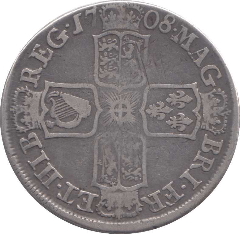 1708 HALFCROWN E BELOW BUST  ( FINE )