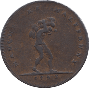 1793 HALFPENNY TOKEN LANCASTER MANCHESTER ARMS PORTERS SACK DH135A ( REF 65 )