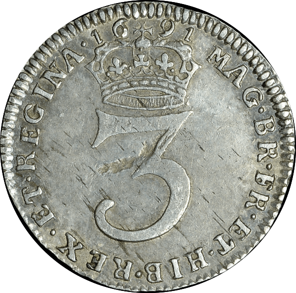 1691 MAUNDY THREEPENCE ( VF ) SECOND BUST