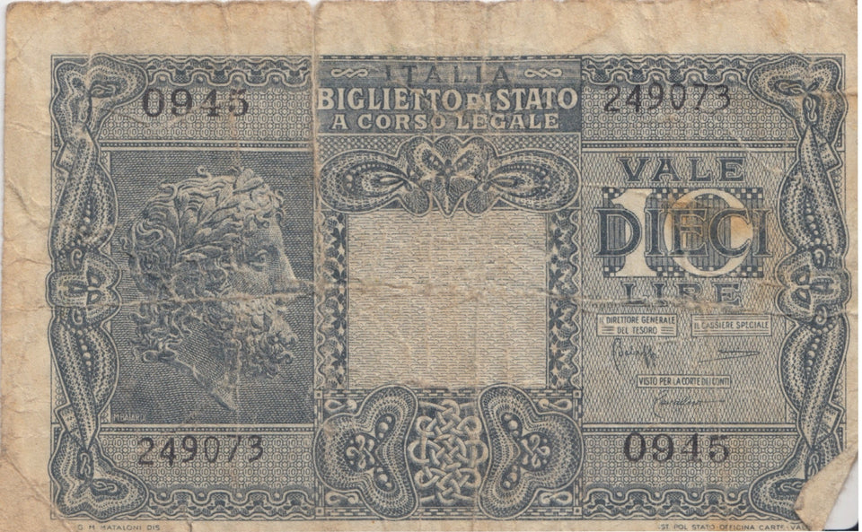 BANK OF ITALY 10 LIRE BANKNOTE REF 1569 - World Banknotes - Cambridgeshire Coins