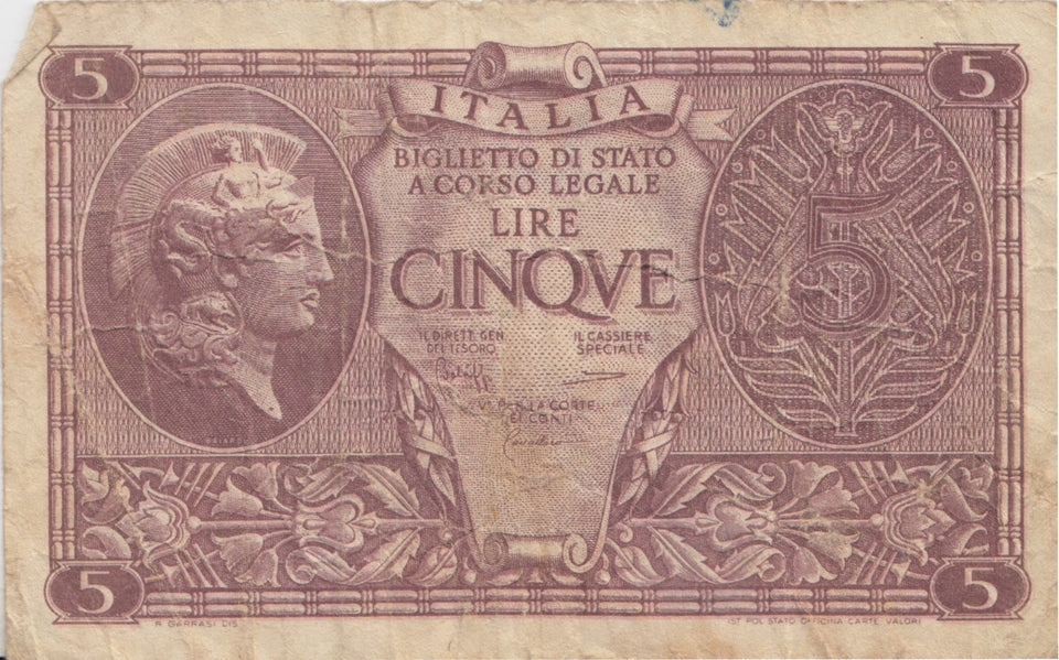 BANK OF ITALY 5 LIRE BANKNOTE REF 1567 - World Banknotes - Cambridgeshire Coins