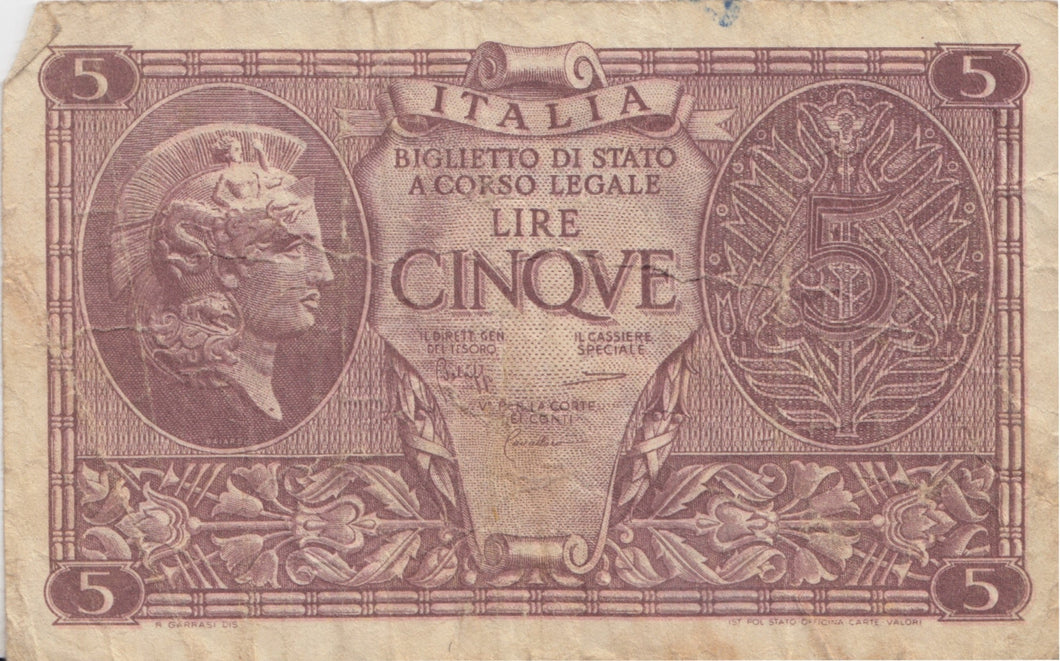 BANK OF ITALY 5 LIRE BANKNOTE REF 1567 - World Banknotes - Cambridgeshire Coins