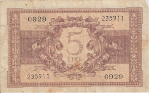 BANK OF ITALY 5 LIRE BANKNOTE REF 1567 - World Banknotes - Cambridgeshire Coins