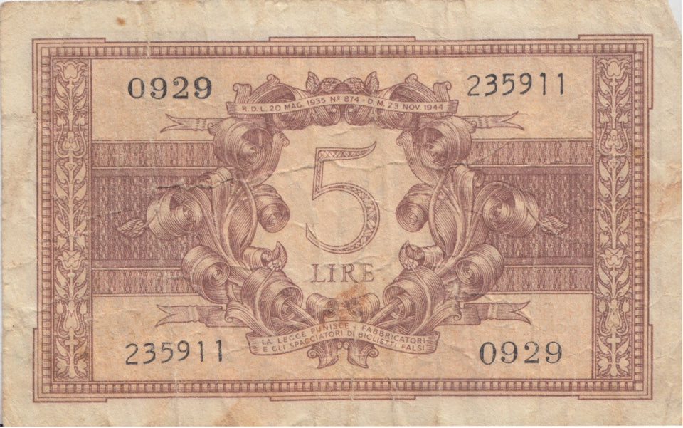 BANK OF ITALY 5 LIRE BANKNOTE REF 1567 - World Banknotes - Cambridgeshire Coins