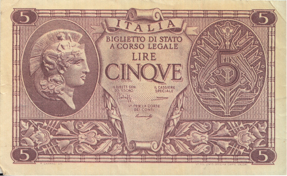 BANK OF ITALY FIVE LIRE BANKNOTE REF 1257 - World Banknotes - Cambridgeshire Coins