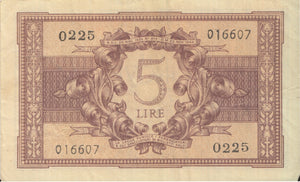 BANK OF ITALY FIVE LIRE BANKNOTE REF 1257 - World Banknotes - Cambridgeshire Coins