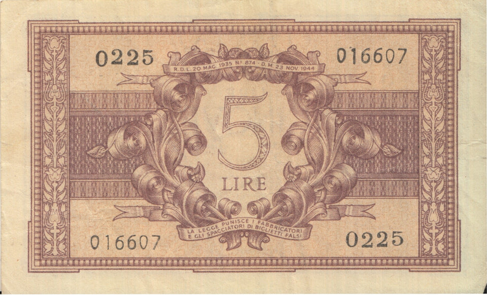 BANK OF ITALY FIVE LIRE BANKNOTE REF 1257 - World Banknotes - Cambridgeshire Coins