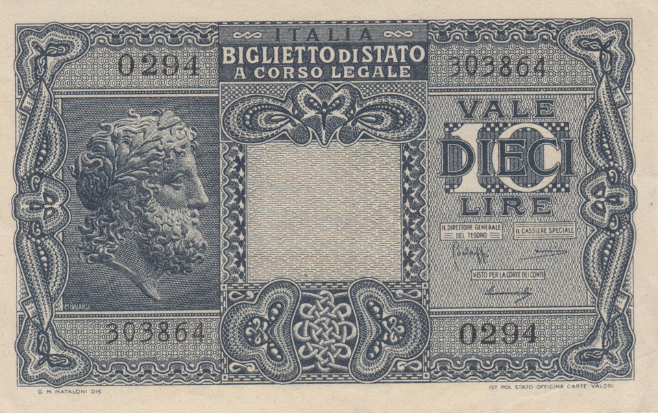 BANK OF ITALY TEN LIRE BANKNOTE REF 1256 - World Banknotes - Cambridgeshire Coins