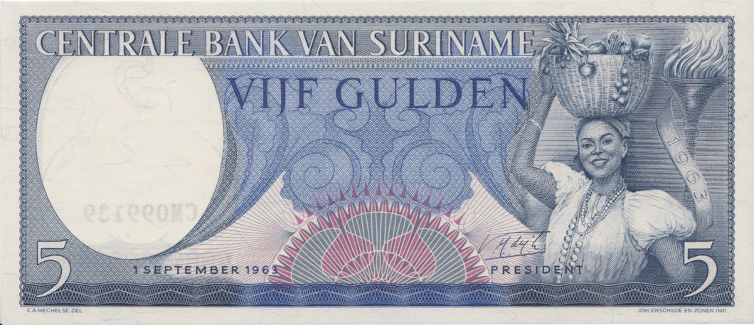 BANK OF SURINAME 5 GULDEN BANKNOTE REF 1566 - World Banknotes - Cambridgeshire Coins