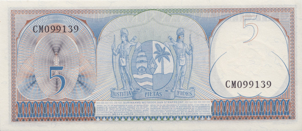 BANK OF SURINAME 5 GULDEN BANKNOTE REF 1566 - World Banknotes - Cambridgeshire Coins