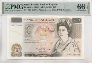FIFTY POUNDS BANKNOTE SOMERSET PMG 66 GEM UNCIRCULATED A06252751 - £50 Banknotes - Cambridgeshire Coins