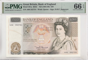 FIFTY POUNDS BANKNOTE SOMERSET PMG 66 GEM UNCIRCULATED A06252754 - £50 Banknotes - Cambridgeshire Coins