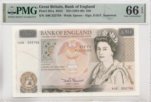 FIFTY POUNDS BANKNOTE SOMERSET PMG 66 GEM UNCIRCULATED A06252758 - £50 Banknotes - Cambridgeshire Coins