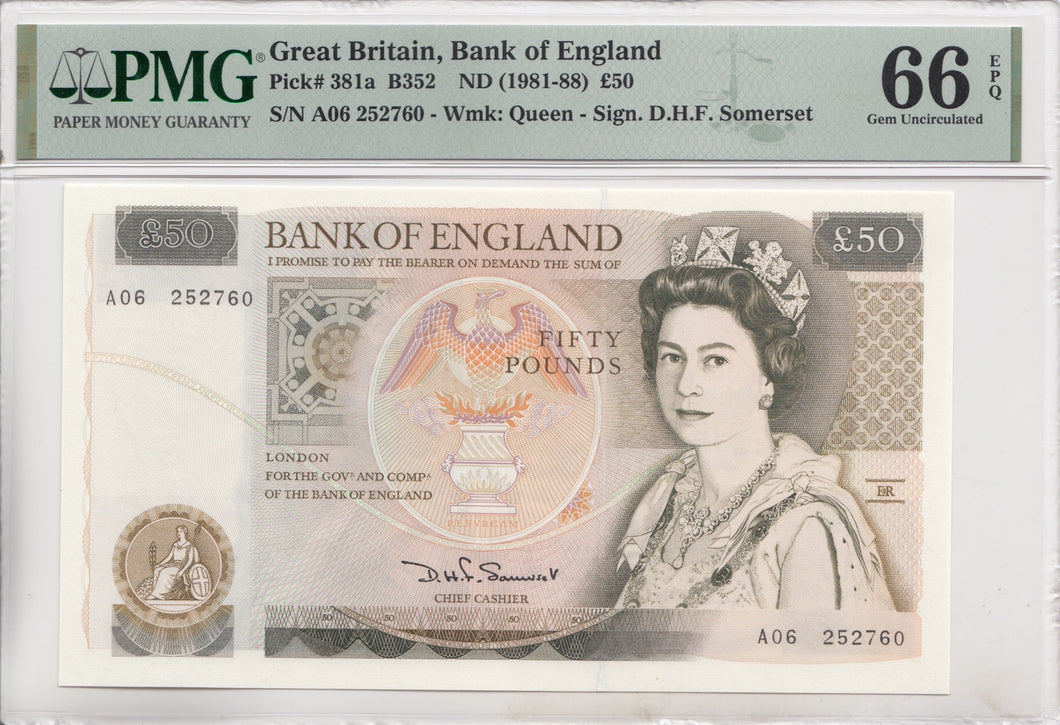 FIFTY POUNDS BANKNOTE SOMERSET PMG 66 GEM UNCIRCULATED A06252760 - £50 Banknotes - Cambridgeshire Coins