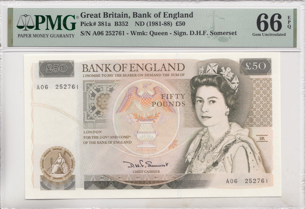 FIFTY POUNDS BANKNOTE SOMERSET PMG 66 GEM UNCIRCULATED A06252761 - £50 Banknotes - Cambridgeshire Coins