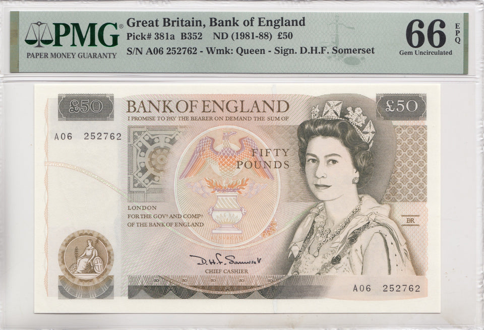 FIFTY POUNDS BANKNOTE SOMERSET PMG 66 GEM UNCIRCULATED A06252762 - £50 Banknotes - Cambridgeshire Coins