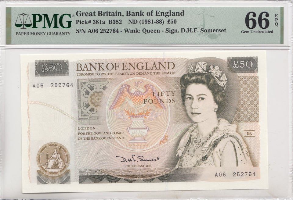 FIFTY POUNDS BANKNOTE SOMERSET PMG 66 GEM UNCIRCULATED A06252764 - £50 Banknotes - Cambridgeshire Coins