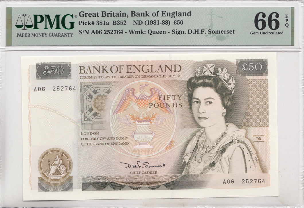 FIFTY POUNDS BANKNOTE SOMERSET PMG 66 GEM UNCIRCULATED A06252764 - £50 Banknotes - Cambridgeshire Coins