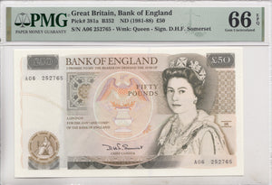 FIFTY POUNDS BANKNOTE SOMERSET PMG 66 GEM UNCIRCULATED A06252765 - £50 Banknotes - Cambridgeshire Coins