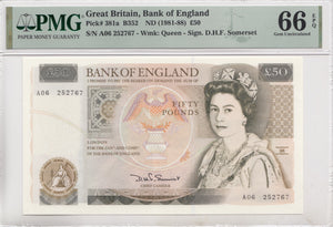 FIFTY POUNDS BANKNOTE SOMERSET PMG 66 GEM UNCIRCULATED A06252767 - £50 Banknotes - Cambridgeshire Coins