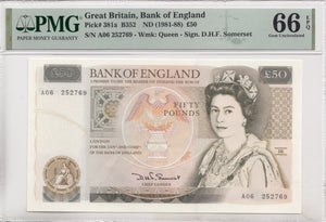FIFTY POUNDS BANKNOTE SOMERSET PMG 66 GEM UNCIRCULATED A06252769 - £50 Banknotes - Cambridgeshire Coins