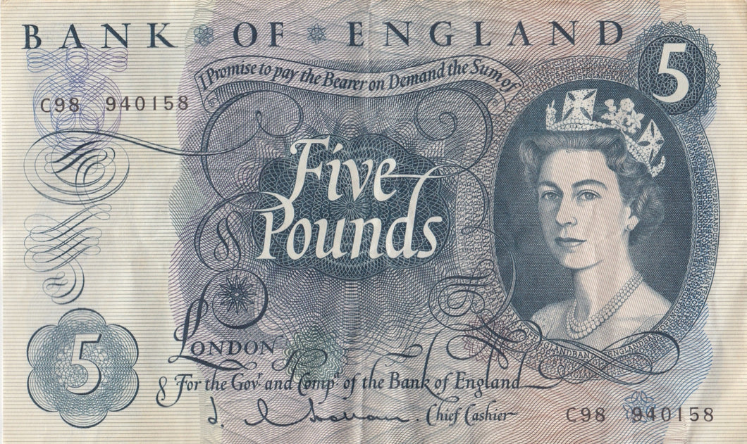 FIVE POUNDS BANKNOTE HOLLOM REF £5-37 - £5 BANKNOTES - Cambridgeshire Coins