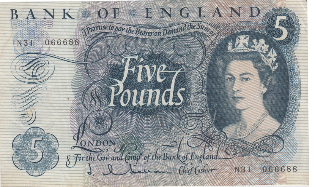 FIVE POUNDS BANKNOTE HOLLOM REF £5-7 - £5 BANKNOTES - Cambridgeshire Coins