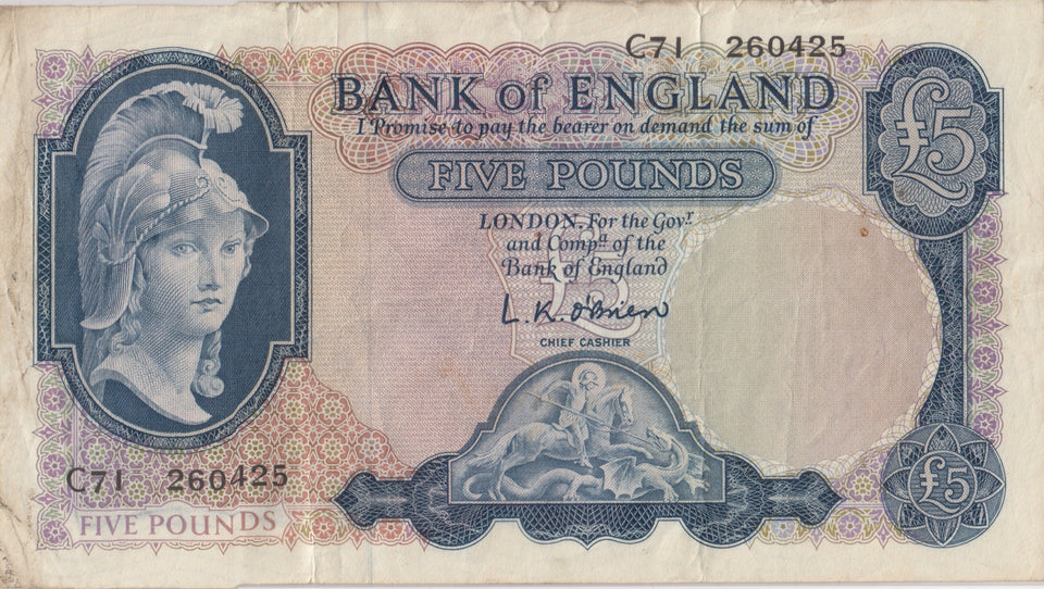 FIVE POUNDS BANKNOTE O'BRIEN REF £5-13 - £5 BANKNOTES - Cambridgeshire Coins