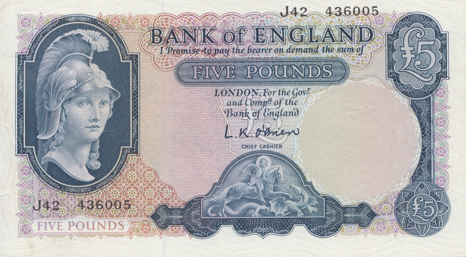 FIVE POUNDS BANKNOTE O'BRIEN REF £5-38 - £5 BANKNOTES - Cambridgeshire Coins