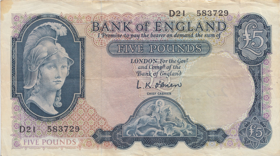 FIVE POUNDS BANKNOTE O'BRIEN REF £5-38 - £5 BANKNOTES - Cambridgeshire Coins