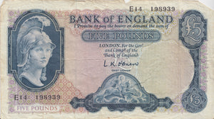 FIVE POUNDS BANKNOTE O'BRIEN REF £5-46 - £5 BANKNOTES - Cambridgeshire Coins