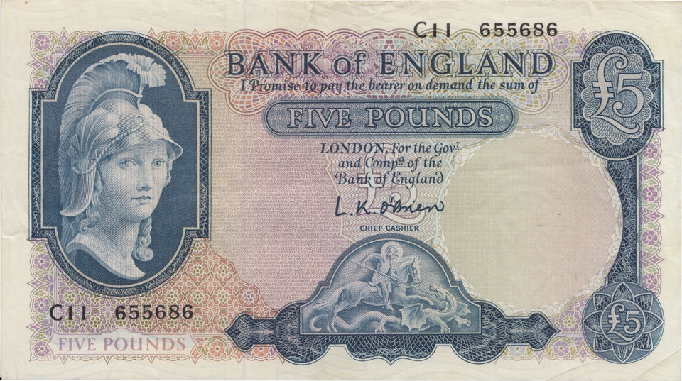 FIVE POUNDS BANKNOTE O'BRIEN REF £5-48 - £5 BANKNOTES - Cambridgeshire Coins
