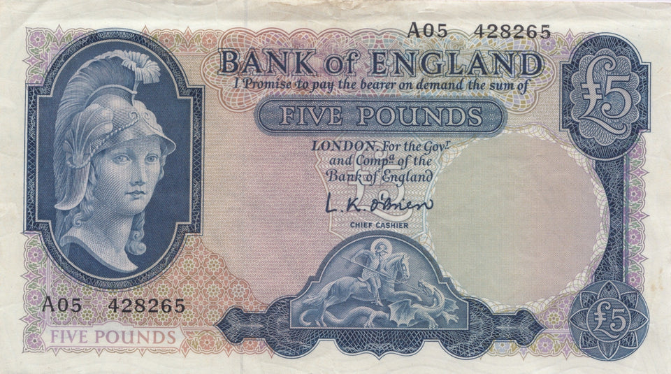 FIVE POUNDS BANKNOTE O'BRIEN REF £5-51 - £5 BANKNOTES - Cambridgeshire Coins