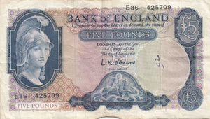 FIVE POUNDS BANKNOTE O'BRIEN REF £5-69 - £5 BANKNOTES - Cambridgeshire Coins