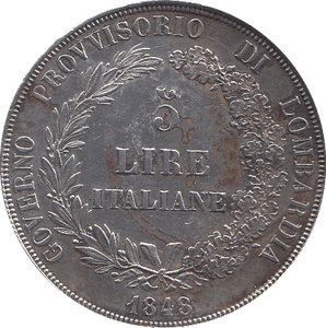 1848 SILVER 5 LIRE ITALIAN - SILVER WORLD COINS - Cambridgeshire Coins