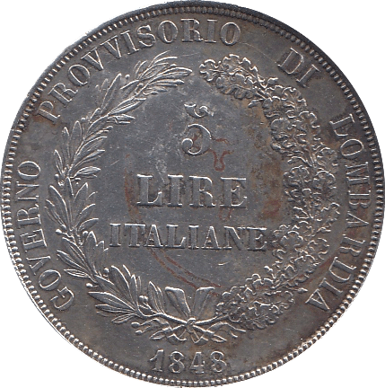 1848 SILVER 5 LIRE ITALIAN - SILVER WORLD COINS - Cambridgeshire Coins