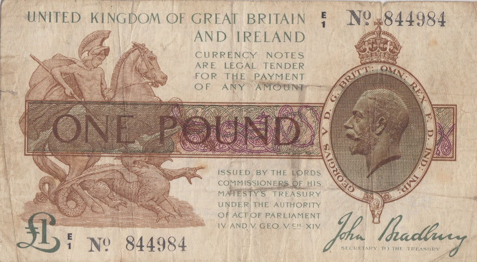 ONE POUND BANKNOTE BRADBURY REF £1-102 - £1 BANKNOTE - Cambridgeshire Coins