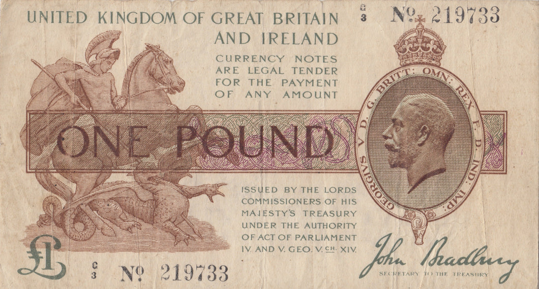ONE POUND BANKNOTE BRADBURY REF £1-103 - £1 BANKNOTE - Cambridgeshire Coins