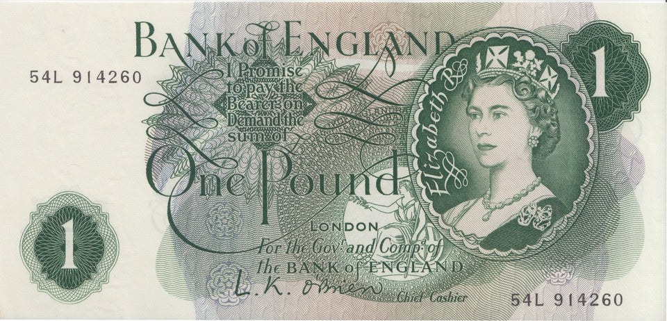 ONE POUND BANKNOTE O'BRIEN REF £1-44 - £1 BANKNOTE - Cambridgeshire Coins