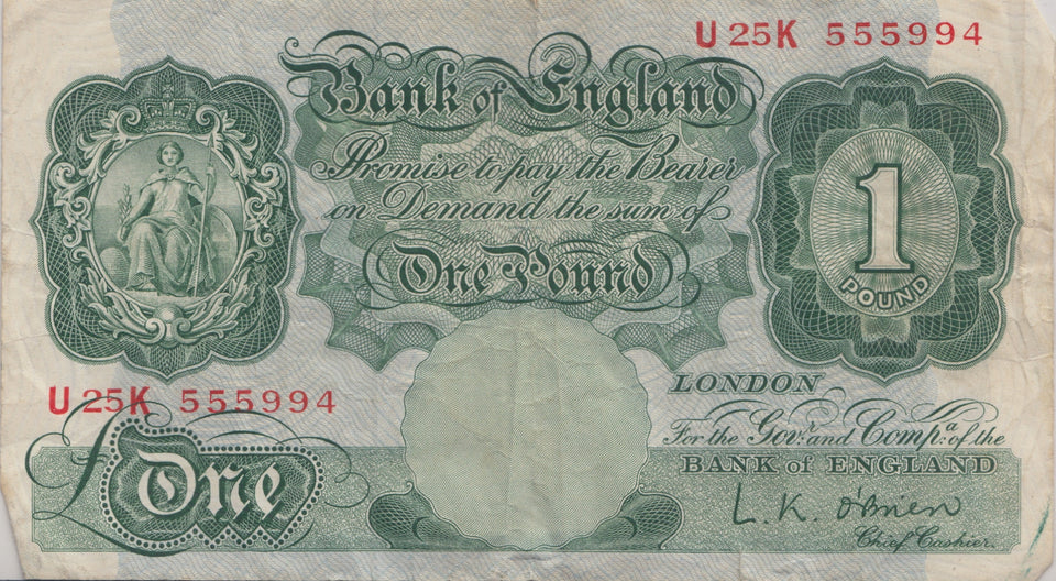 ONE POUND BANKNOTE O'BRIEN REF £1-45 - £1 BANKNOTE - Cambridgeshire Coins