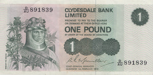 ONE POUND CLYDESDALE BANK BANKNOTE REF SCOT-22 - SCOTTISH BANKNOTES - Cambridgeshire Coins
