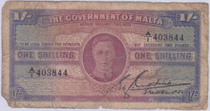 ONE SHILLING GOVERNMENT OF MALTA BANKNOTE REF 1436 - WORLD BANKNOTES - Cambridgeshire Coins