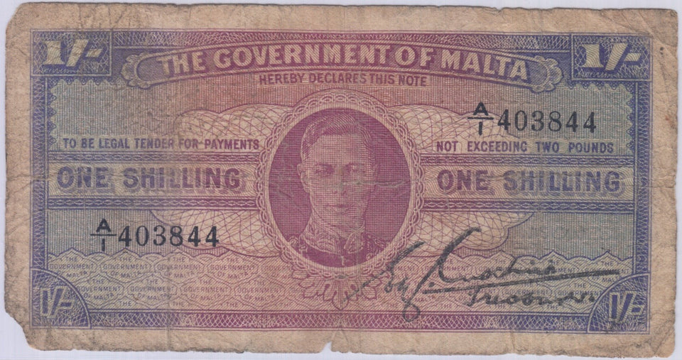 ONE SHILLING GOVERNMENT OF MALTA BANKNOTE REF 1436 - WORLD BANKNOTES - Cambridgeshire Coins